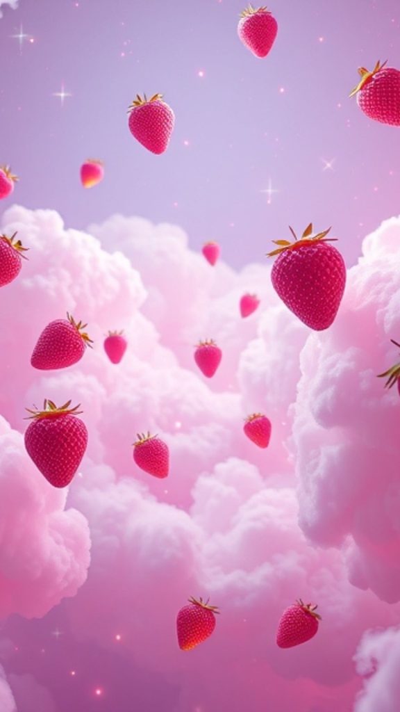 Red strawberries with clouds pink strawberry wallpaper
