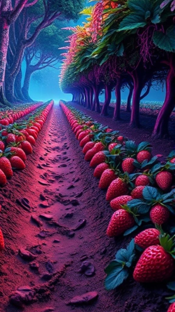 Red strawberries with magical view_strawberry field wallpaper