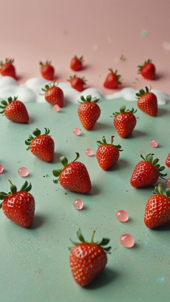 Red strawberries with sky and pink background Kawaii Strawberry Wallpaper