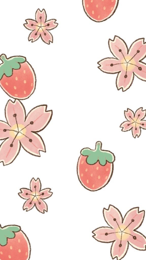Red teal strawberries with flowers and white background Kawaii Strawberry Wallpaper