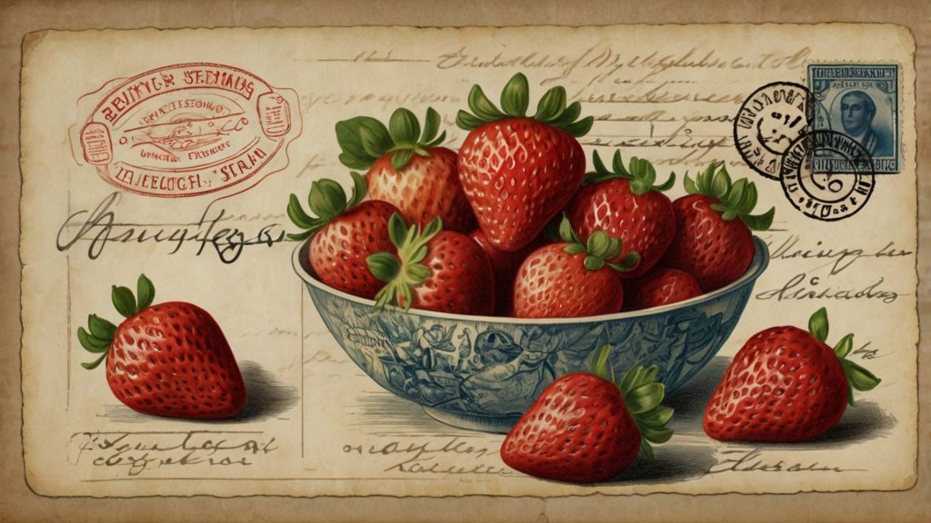 Stamp page inspired strawberry desktop wallpaper with strawberry filled bowl