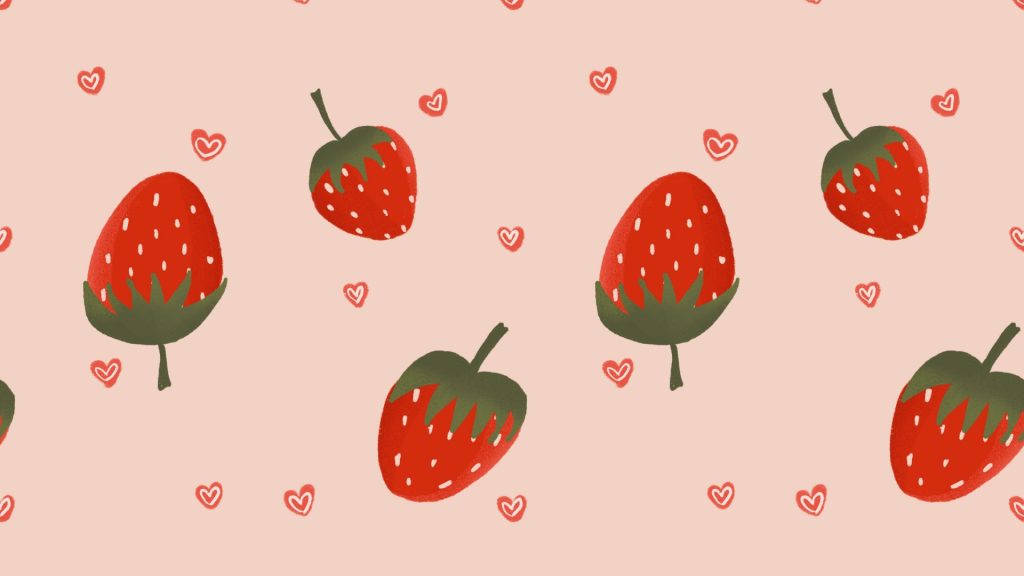 Strawberries and cute hearts with cream colour background strawberry desktop wallpaper