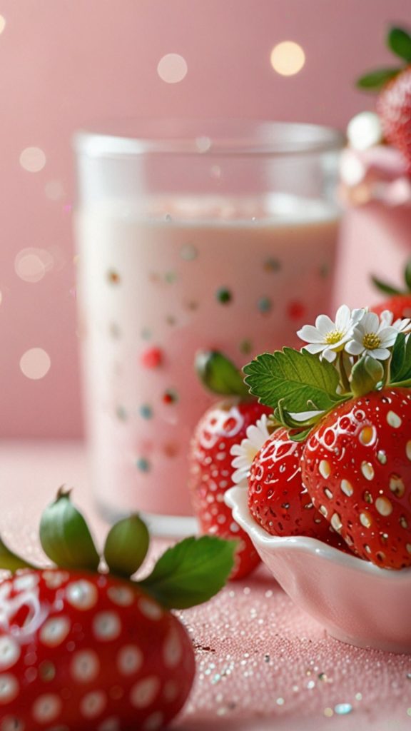 Strawberries and flowers in a bowl with teal pink background Kawaii Strawberry Wallpaper