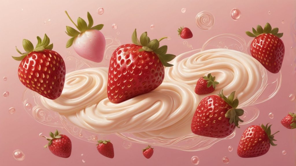 Strawberries in cream with pastel background strawberry desktop wallpaper