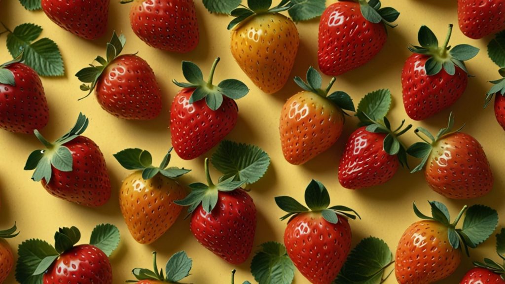 Strawberries in red and orange colours with yellow background Strawberry desktop wallpapers