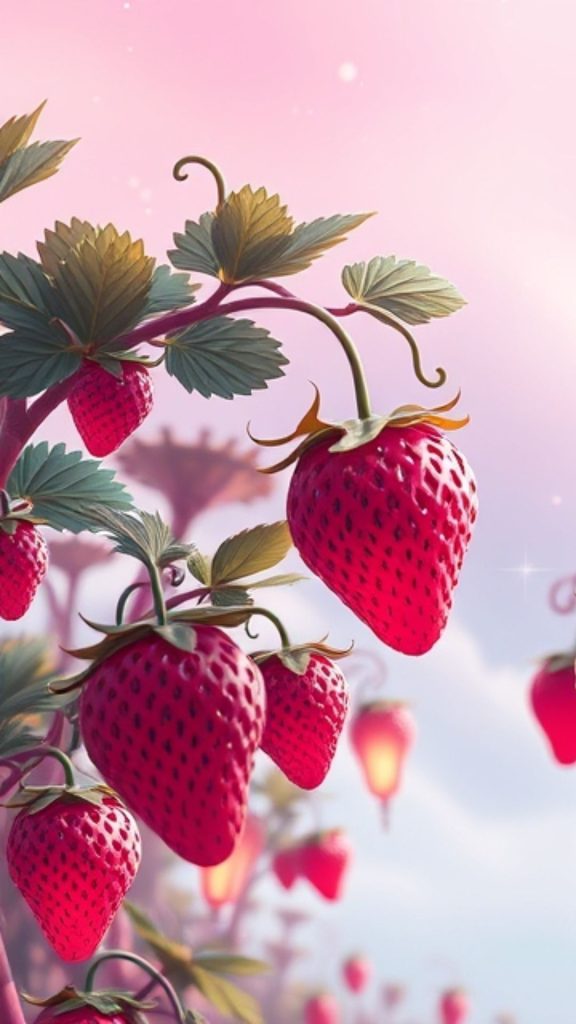 Strawberries on branch pink strawberry wallpaper