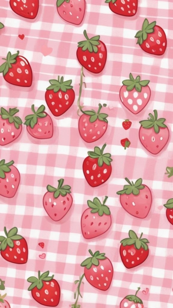 Strawberries on check pink background Kawaii Strawberry Wallpaper