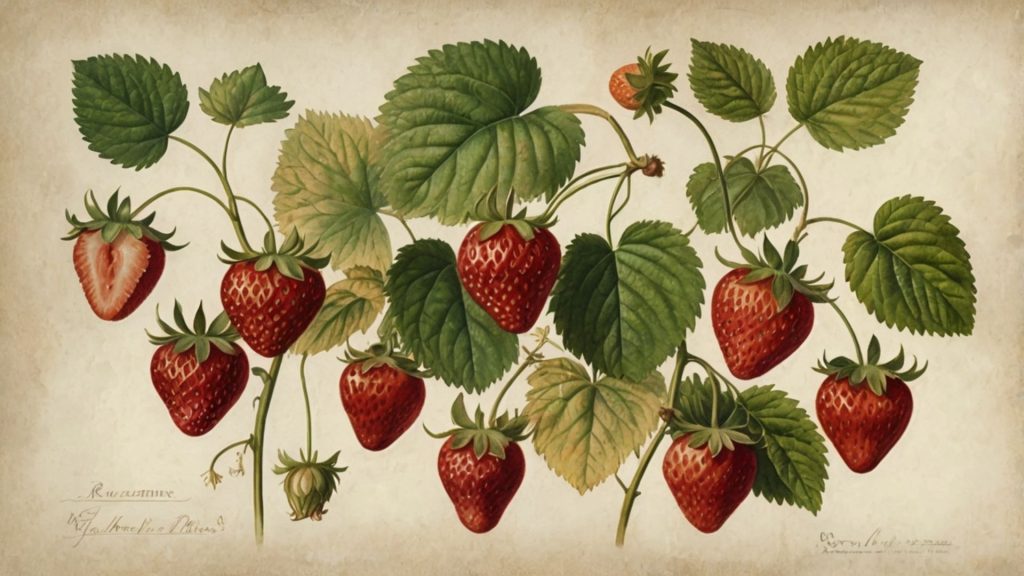 Strawberries with big green leaves and aesthetic beige background strawberry desktop wallpaper