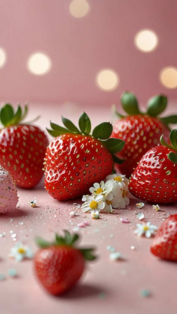 Strawberries with blurred light background and jasmine flowers Kawaii Strawberry Wallpaper