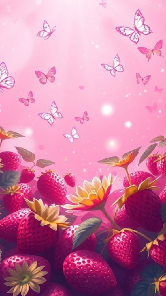 Strawberries with butterflies pink strawberry wallpaper