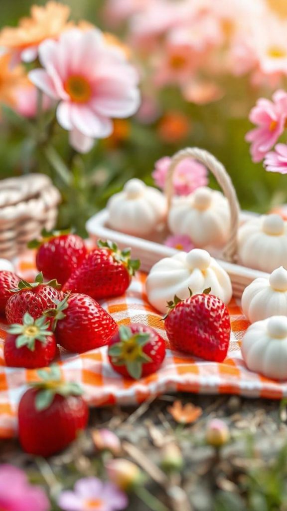 Strawberries with cream puffs and blurred flower background Kawaii Strawberry Wallpaper