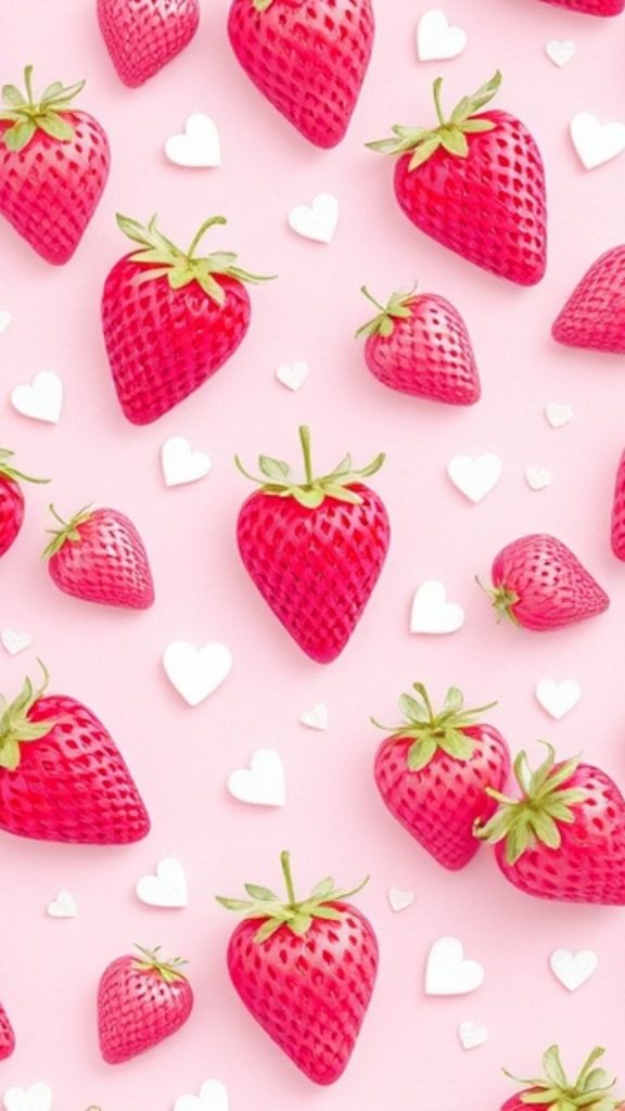 Strawberries with cute heart pink strawberry wallpaper