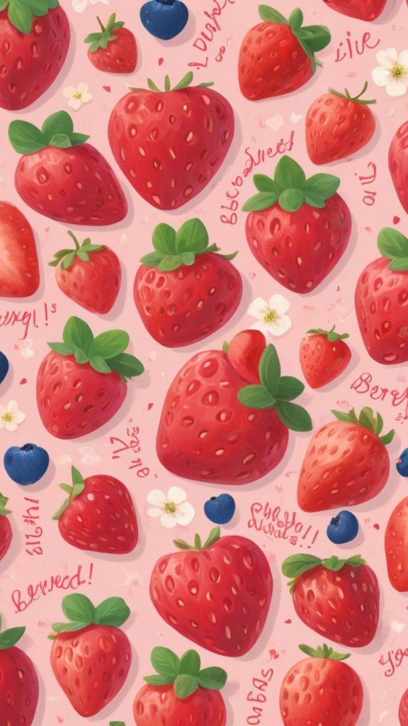 Strawberries with flowers and blueberries on pink background Kawaii Strawberry Wallpaper