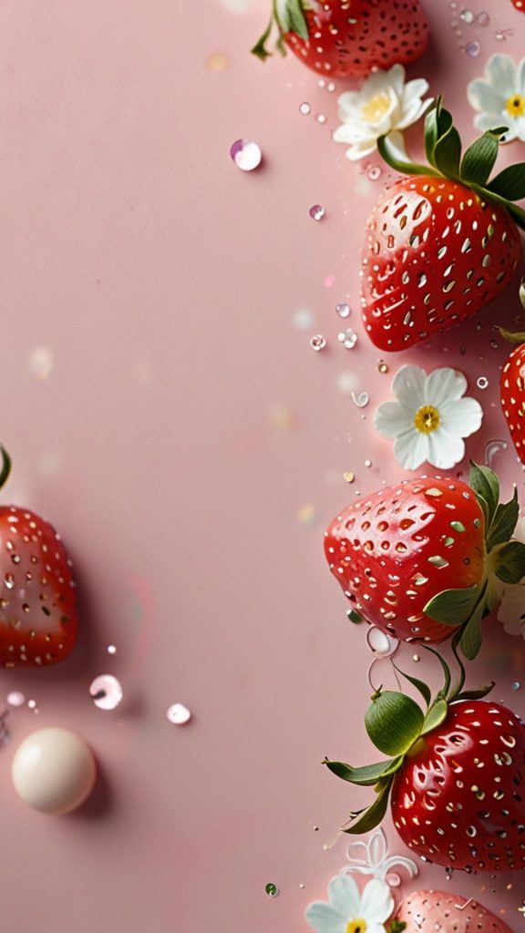 Strawberries with flowers and decorations on pink background Kawaii Strawberry Wallpaper