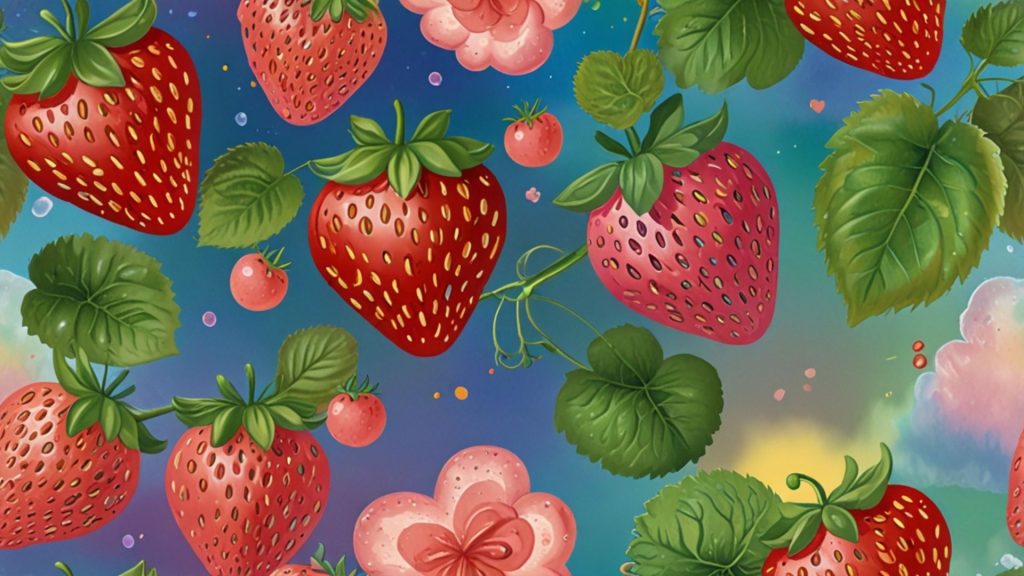 Strawberries with flowers and green leaves and blue magical theme background strawberry desktop wallpaper