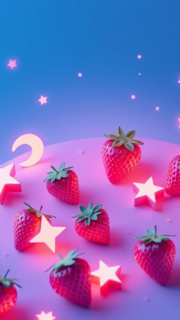 Strawberries with glowing stars pink strawberry wallpaper