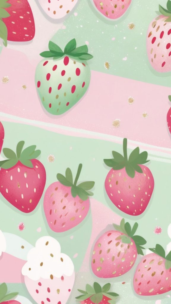 Strawberries with kawaii background Kawaii Strawberry Wallpaper