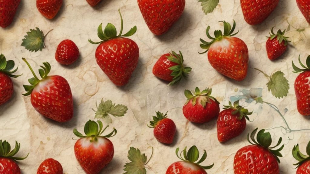 Strawberries with leaves on vintage paper strawberry desktop wallpaper