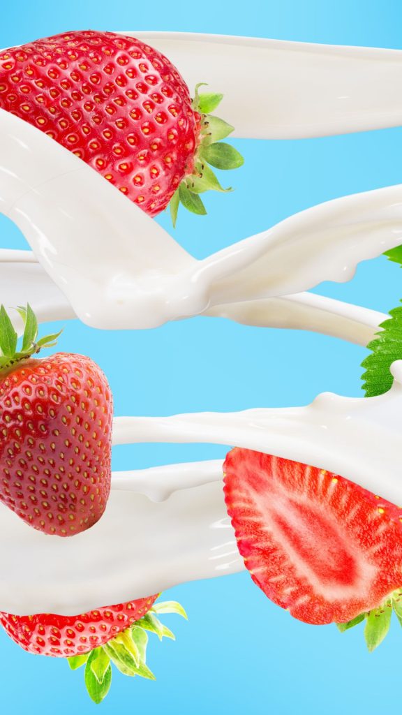 Strawberries with milk and sky background strawberry phone wallpaper