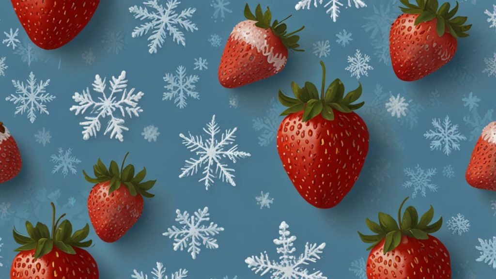 Strawberries with snow flakes on sky background as winter themed Strawberry desktop wallpapers