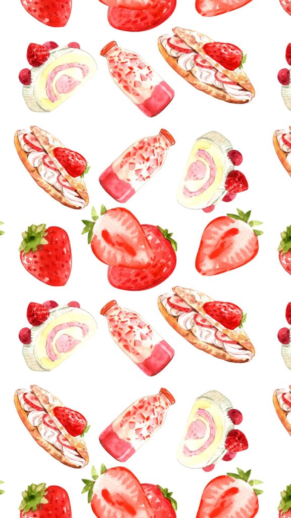 Strawberries with strawberry cakes and strawberry milk strawberry phone wallpaper