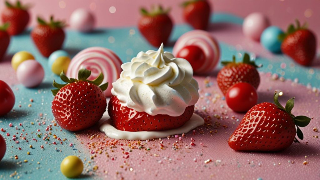 Strawberry and cream with candy background strawberry desktop wallpaper