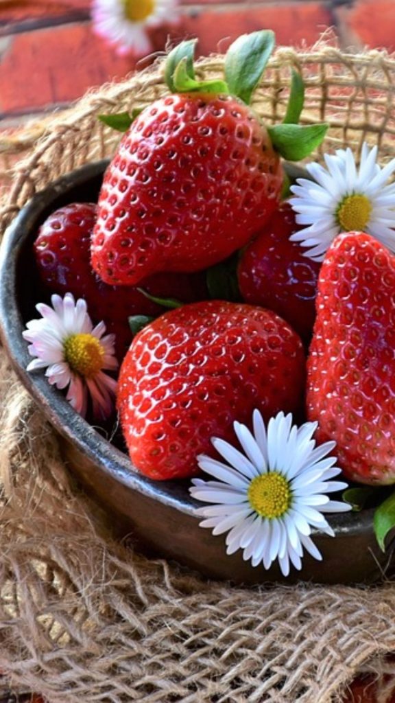 Strawberry and flowers filled bowl with jute basket strawberry phone wallpaper