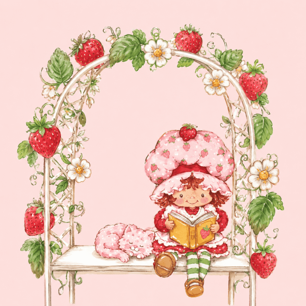Strawberry arch with a reading girl
