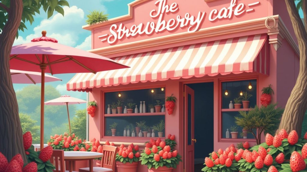 Strawberry cafe with strawberry decorations outside the cafe strawberry desktop wallpaper