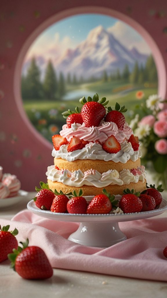 Strawberry cake on cake tray with natures window in background strawberry shortcake cartoon wallpaper
