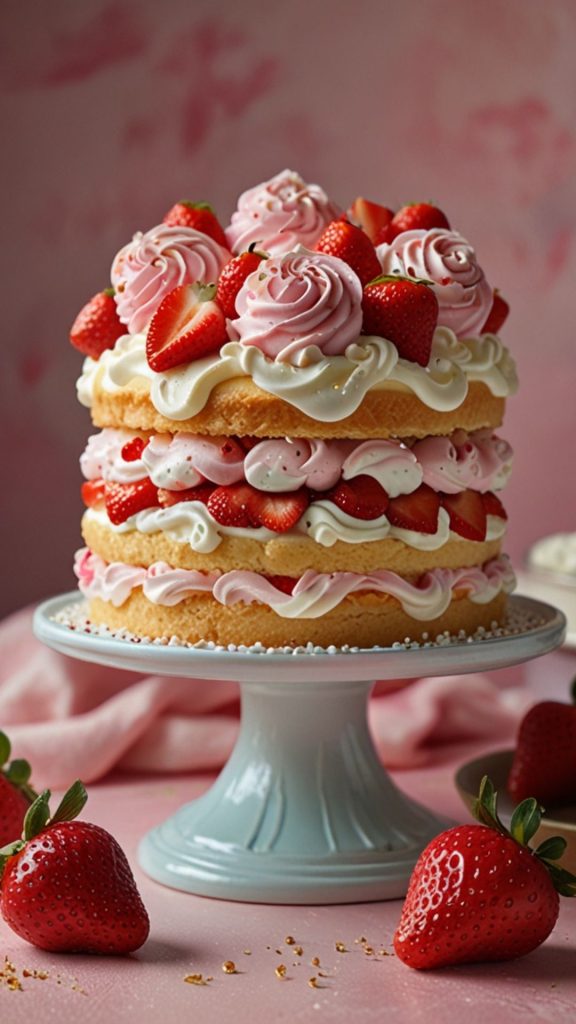 Strawberry cake with strawberry and cream on cake tray strawberry shortcake cartoon wallpaper
