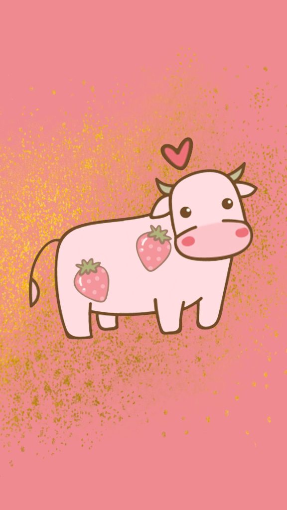 Strawberry cow on peachy glitter background cute strawberry cow wallpaper