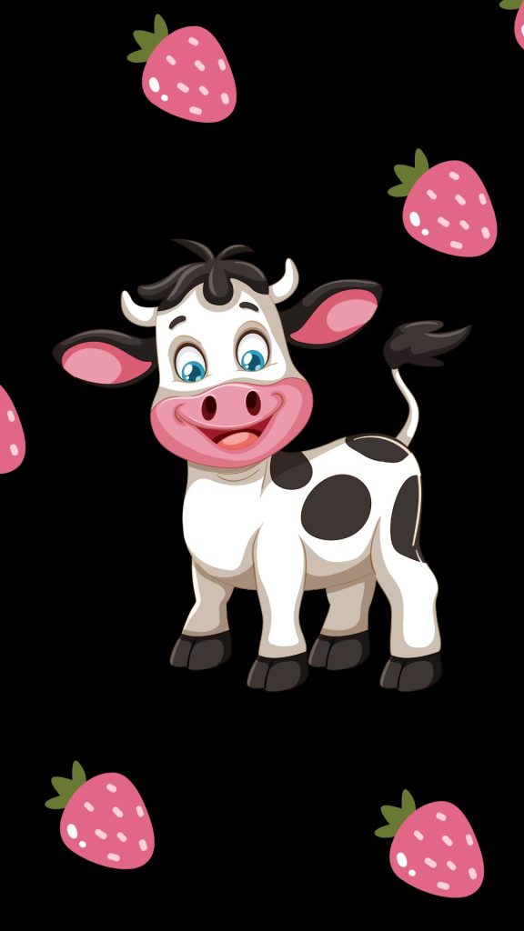Strawberry cow with blue eyes and black background cute strawberry cow wallpaper