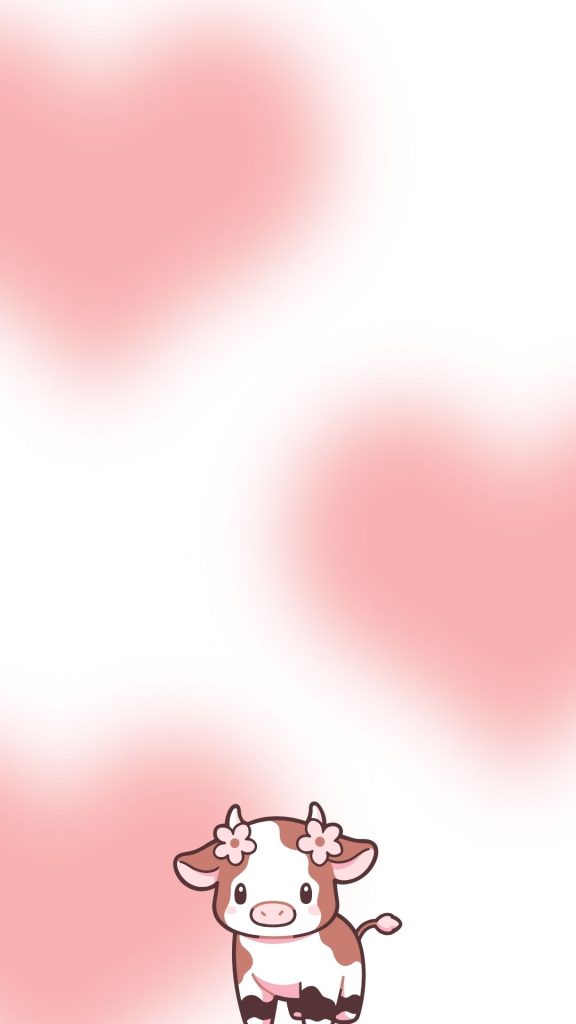 Strawberry cow with blurred pink hearts background cute strawberry cow wallpaper