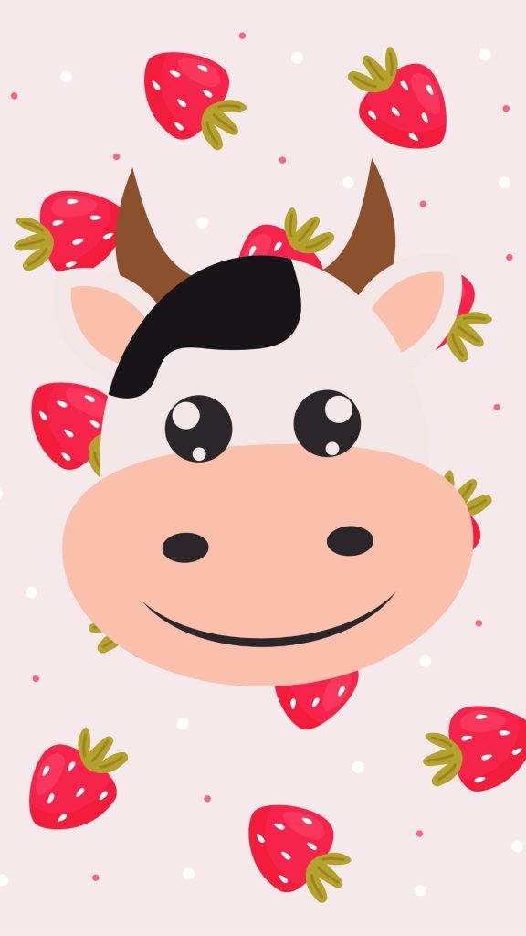 Strawberry cow with strawberries and polka dots background cute strawberry cow wallpaper
