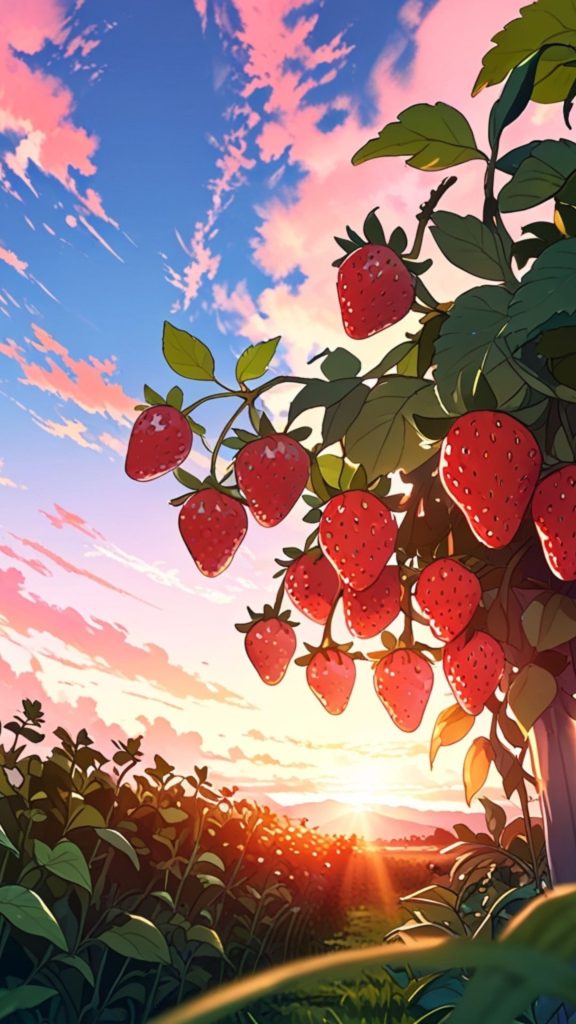 Strawberry farm with blue sky and pink clouds_strawberry field wallpaper