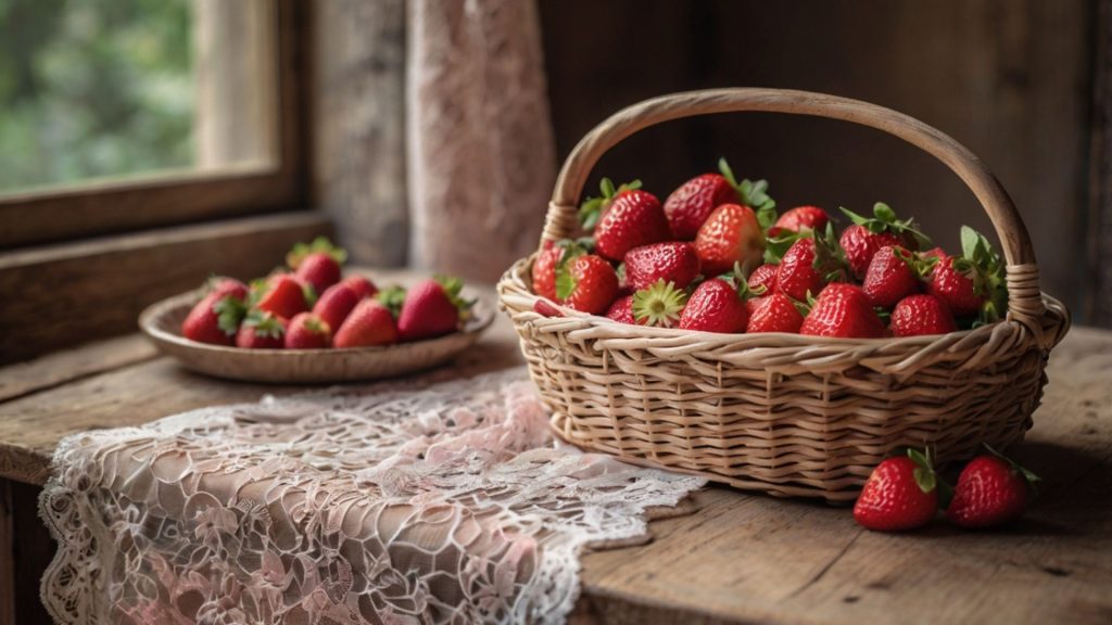 Strawberry filled basket with vintage window background strawberry desktop wallpaper
