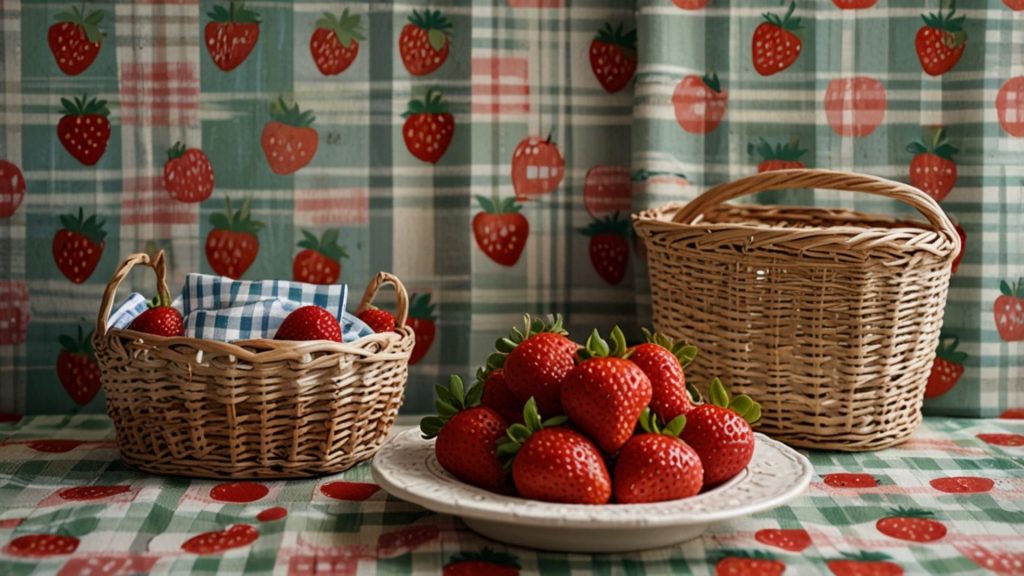 Strawberry filled jute baskets with strawberry check background Strawberry desktop wallpapers