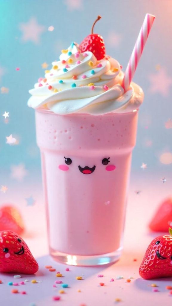 Strawberry flavoured milkshake with kawaii strawberries Kawaii Strawberry Wallpaper