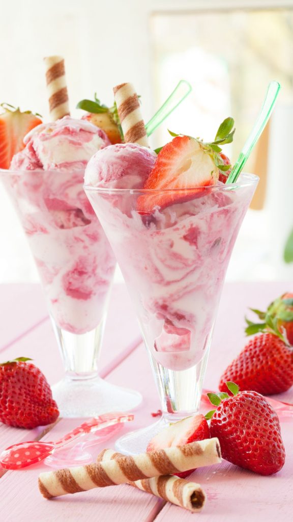Strawberry ice cream with strawberries and waffle stick strawberry phone wallpaper