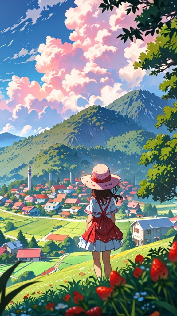 Strawberry shortcake looking at the town with mountain and cloudy background strawberry shortcake cartoon wallpaper