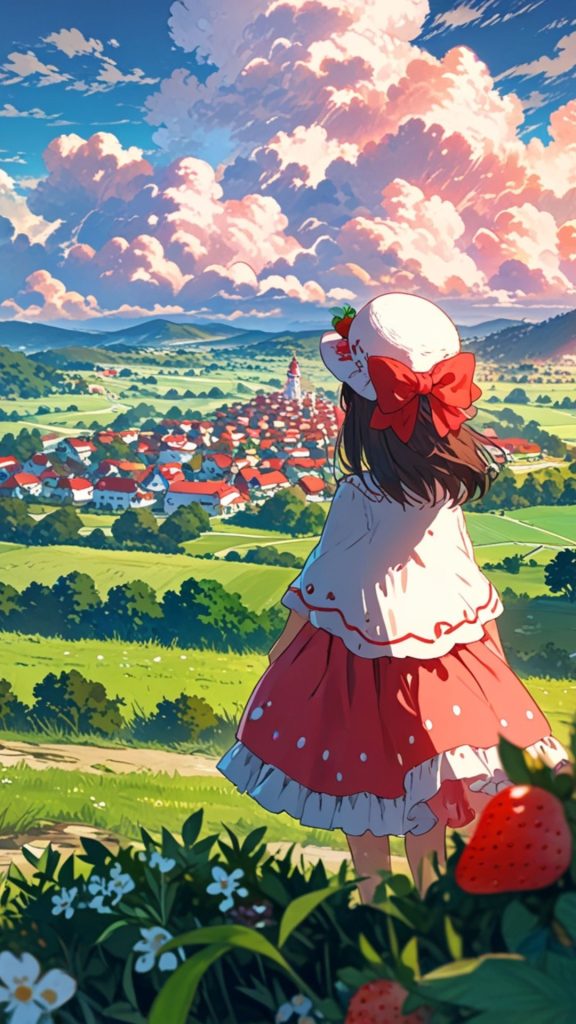 Strawberry shortcake wearing a strawberry gown with dreamy pastel theme strawberry shortcake cartoon wallpaper