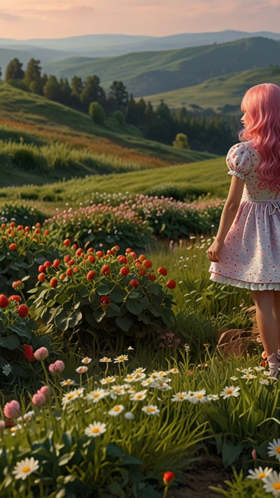 Strawberry shortcake with pink hair looking in the whimsical nature scene strawberry shortcake cartoon wallpaper