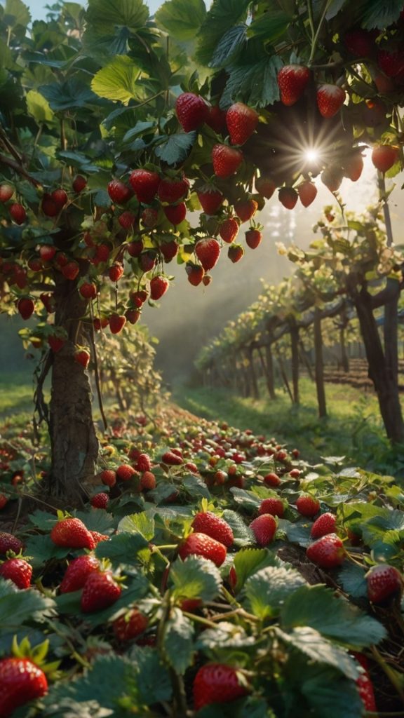 Sunlit strawberry farm_strawberry field wallpaper