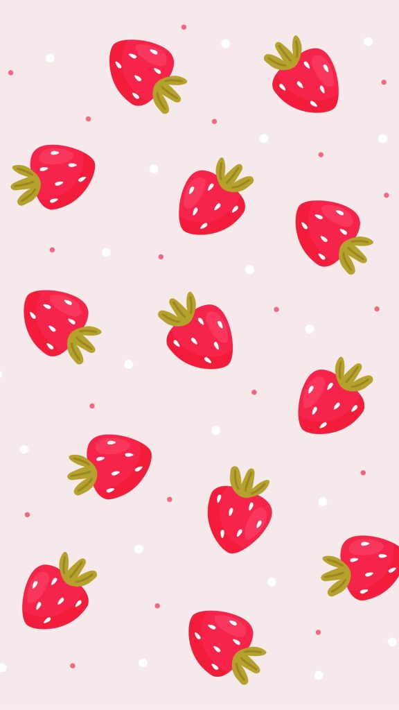 Sweet cute pink strawberries on baby pink polka dots background aesthetic strawberry wallpaper