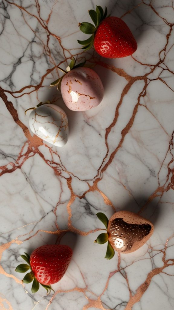 Sweet strawberries on marble textured background aesthetic strawberry wallpaper