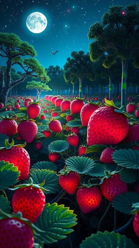 Vibrant strawberries in night at strawberry farm _strawberry field wallpaper