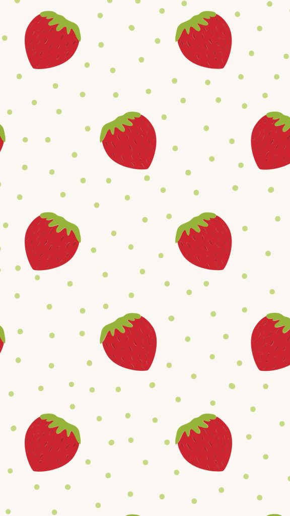 Vintage red strawberries with white background having green polka dots aesthetic strawberry wallpaper