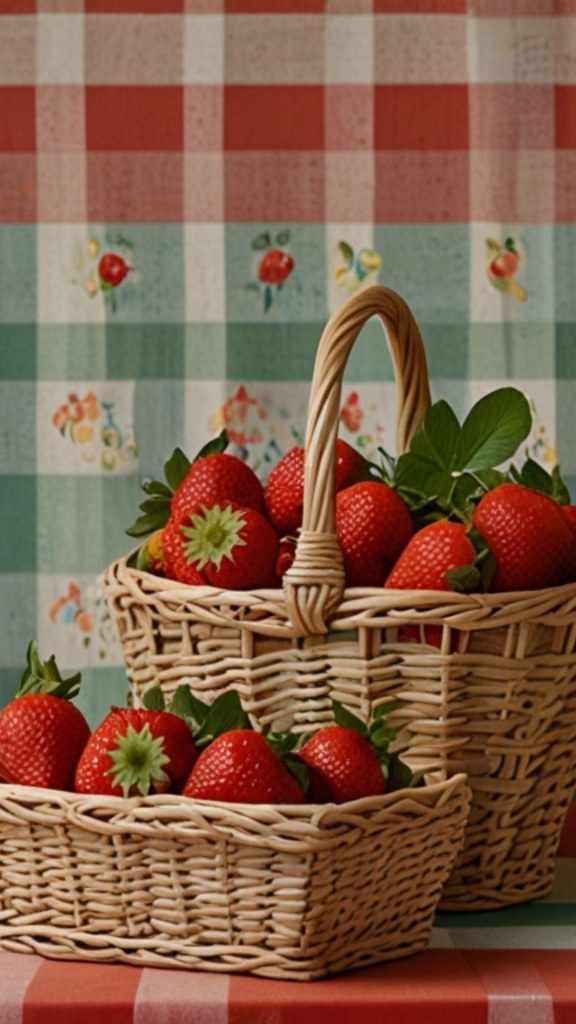 Vintage strawberry baskets filled with strawberries with check background aesthetic strawberry wallpaper