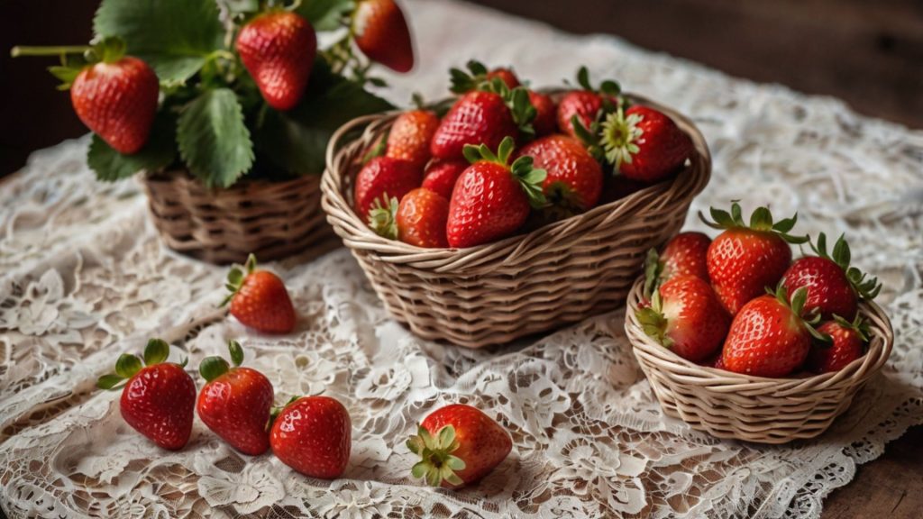 Vintage strawberry filled baskets on vintage table cloth strawberry desktop wallpaper